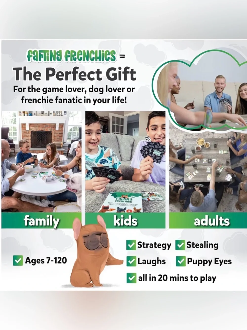Farting Frenchies Family Board game . Strategy , Stealing and Laughs